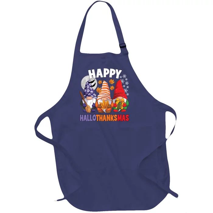 Happy HalloThanksMas Halloween Thanksgiving Christmas Gnomes Full-Length Apron With Pocket