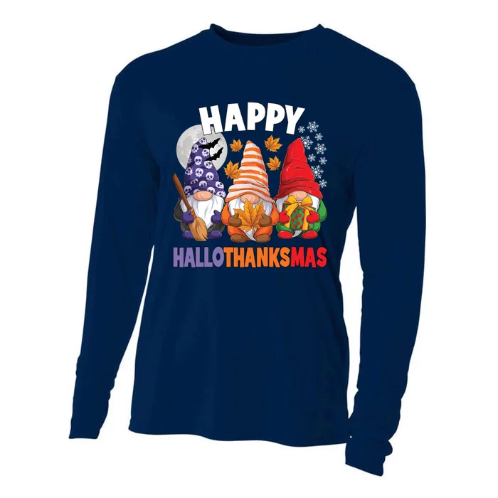 Happy HalloThanksMas Halloween Thanksgiving Christmas Gnomes Cooling Performance Long Sleeve Crew