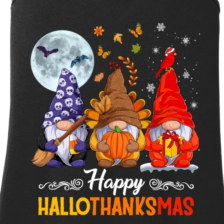 Happy HalloThanksMas Halloween Thanksgiving Christmas Gnomes Ladies Essential Tank