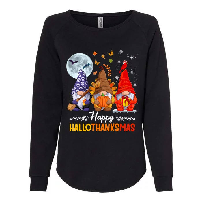 Happy HalloThanksMas Halloween Thanksgiving Christmas Gnomes Womens California Wash Sweatshirt