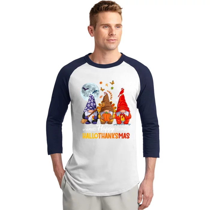 Happy HalloThanksMas Halloween Thanksgiving Christmas Gnomes Baseball Sleeve Shirt