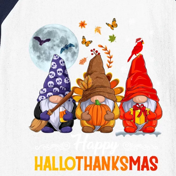 Happy HalloThanksMas Halloween Thanksgiving Christmas Gnomes Baseball Sleeve Shirt