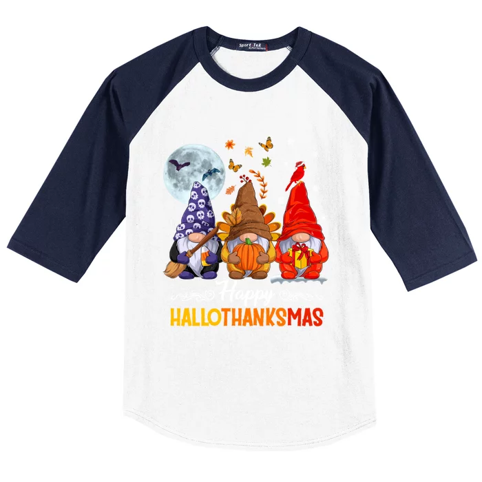 Happy HalloThanksMas Halloween Thanksgiving Christmas Gnomes Baseball Sleeve Shirt