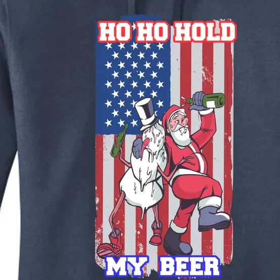 Ho Ho Hold Beer Santa Snow Usa Flag Xmas Party Christmas Gift Women's Pullover Hoodie