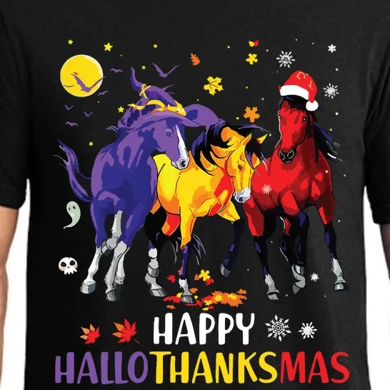 Happy Hallothanksmas Horse Halloween Thanksgiving Christmas Vneck Pajama Set