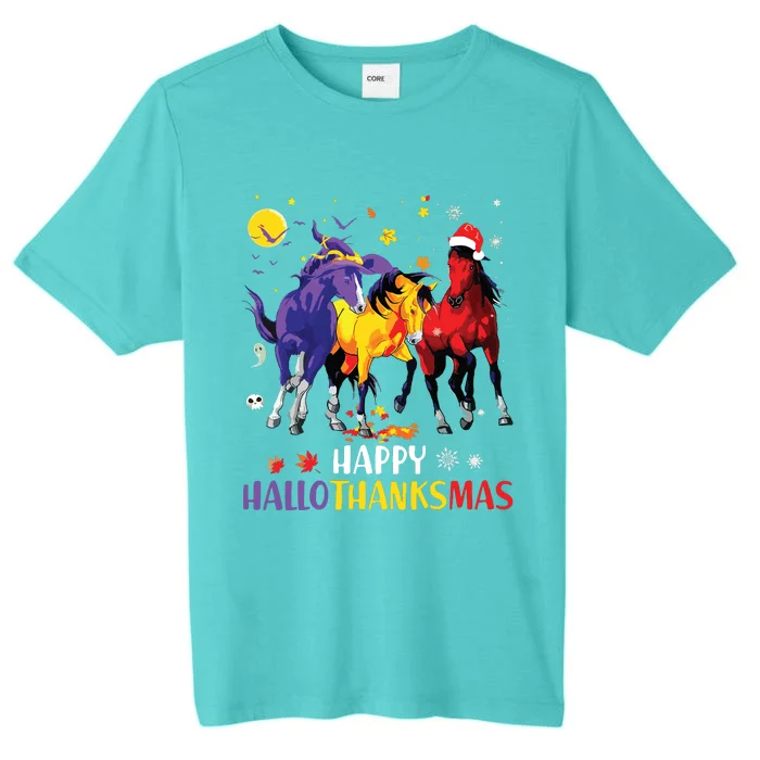 Happy Hallothanksmas Horse Halloween Thanksgiving Christmas Vneck ChromaSoft Performance T-Shirt