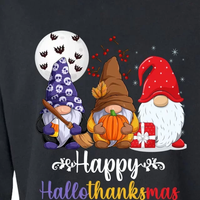 Happy HalloThanksMas Halloween Thanksgiving Christmas Gnomes Cropped Pullover Crew