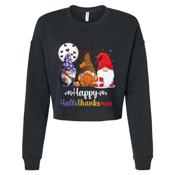 Happy HalloThanksMas Halloween Thanksgiving Christmas Gnomes Cropped Pullover Crew