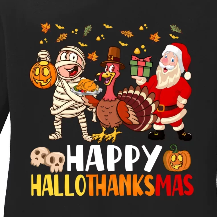 Happy HalloThanksMas Halloween Thanksgiving Christmas Ladies Long Sleeve Shirt