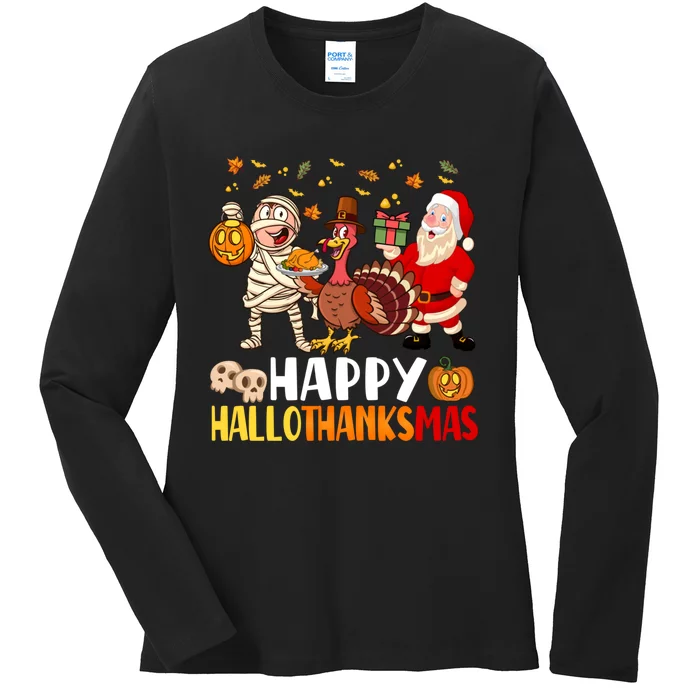 Happy HalloThanksMas Halloween Thanksgiving Christmas Ladies Long Sleeve Shirt