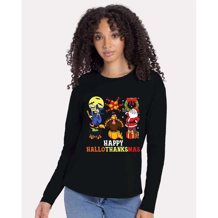 Happy Hallothanksmas Halloween Thanksgiving Christmas Womens Cotton Relaxed Long Sleeve T-Shirt