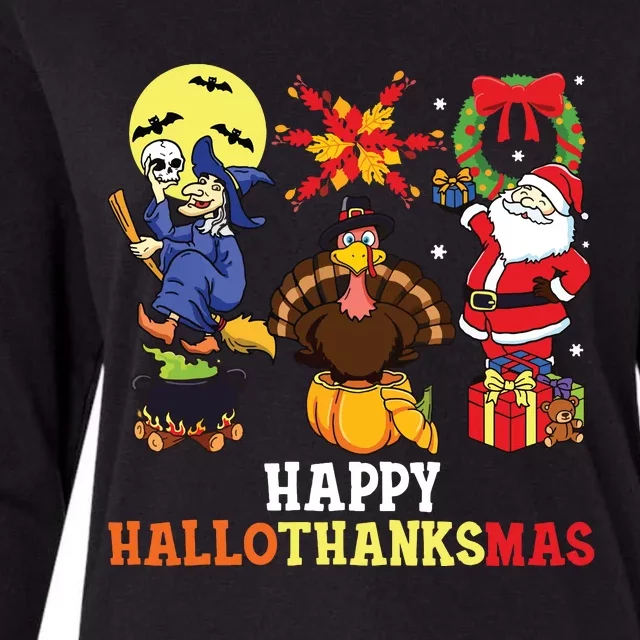 Happy Hallothanksmas Halloween Thanksgiving Christmas Womens Cotton Relaxed Long Sleeve T-Shirt