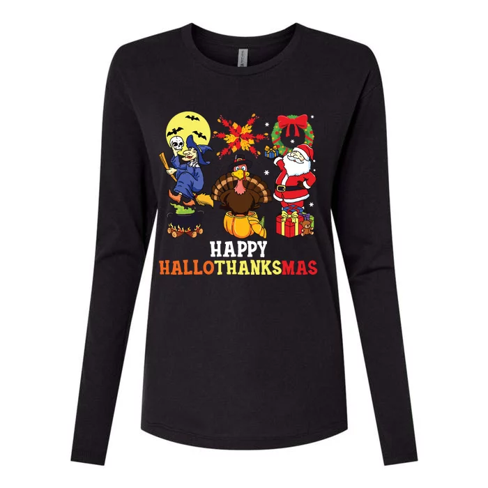 Happy Hallothanksmas Halloween Thanksgiving Christmas Womens Cotton Relaxed Long Sleeve T-Shirt