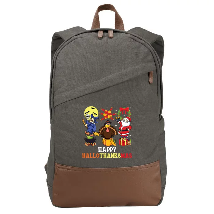 Happy Hallothanksmas Halloween Thanksgiving Christmas Cotton Canvas Backpack