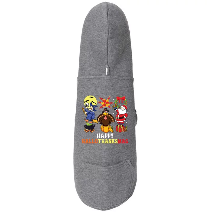 Happy Hallothanksmas Halloween Thanksgiving Christmas Doggie 3-End Fleece Hoodie