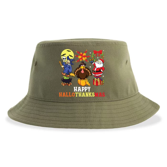 Happy Hallothanksmas Halloween Thanksgiving Christmas Sustainable Bucket Hat