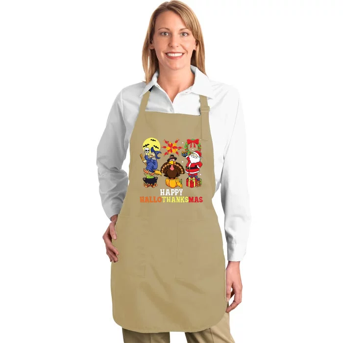 Happy Hallothanksmas Halloween Thanksgiving Christmas Full-Length Apron With Pocket