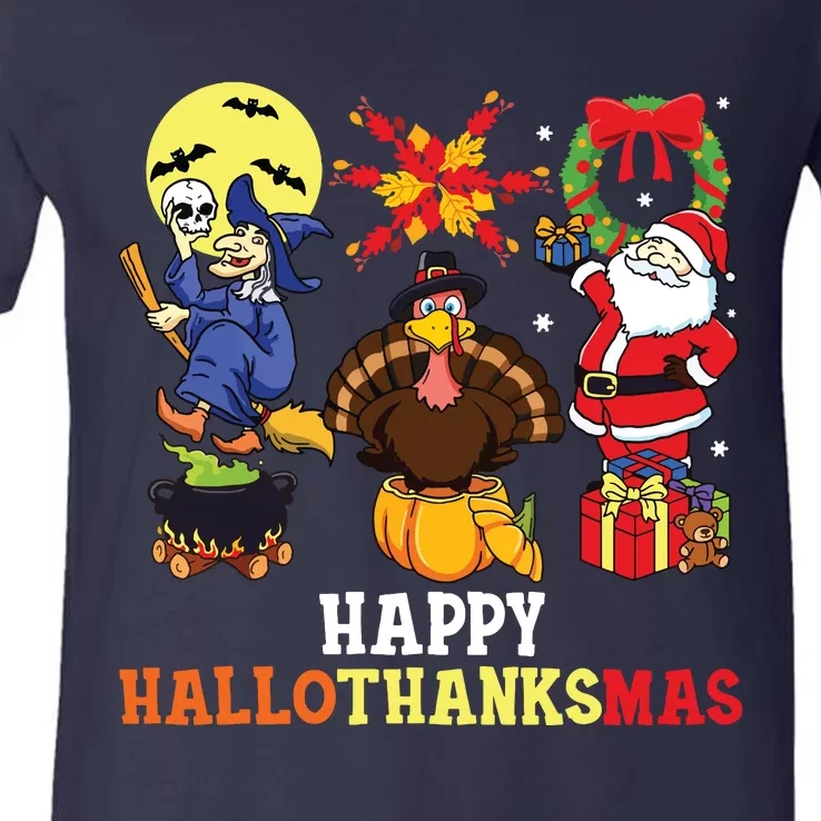 Happy Hallothanksmas Halloween Thanksgiving Christmas V-Neck T-Shirt