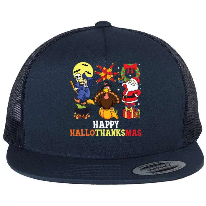 Happy Hallothanksmas Halloween Thanksgiving Christmas Flat Bill Trucker Hat