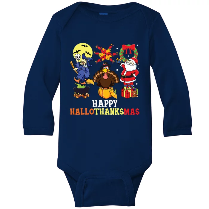 Happy Hallothanksmas Halloween Thanksgiving Christmas Baby Long Sleeve Bodysuit