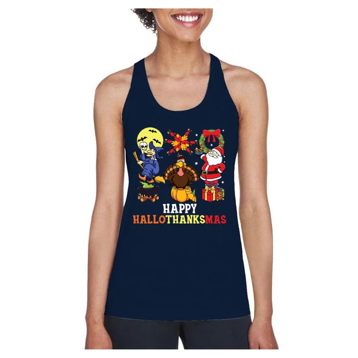 Happy Hallothanksmas Halloween Thanksgiving Christmas Women's Racerback Tank