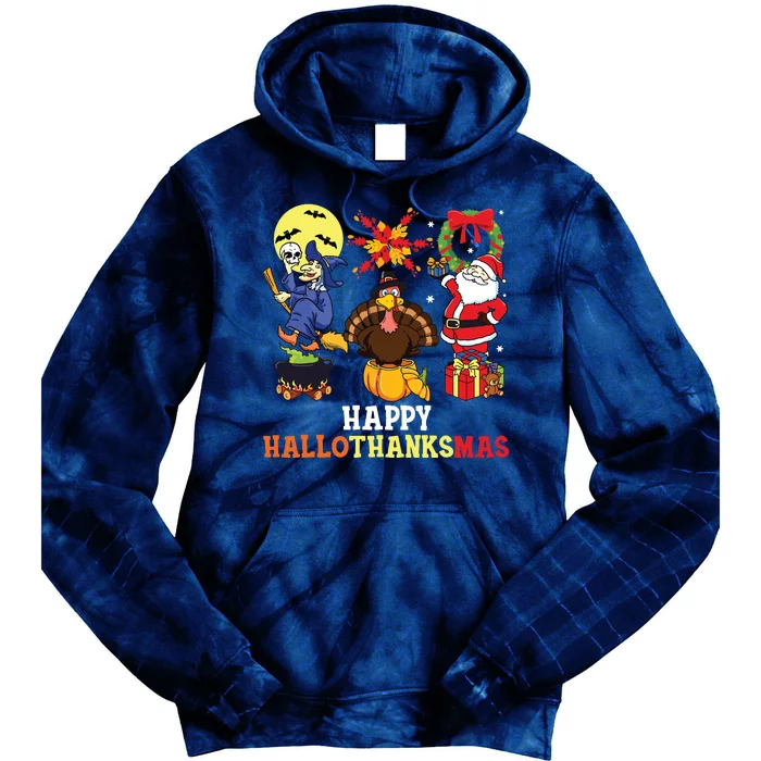 Happy Hallothanksmas Halloween Thanksgiving Christmas Tie Dye Hoodie