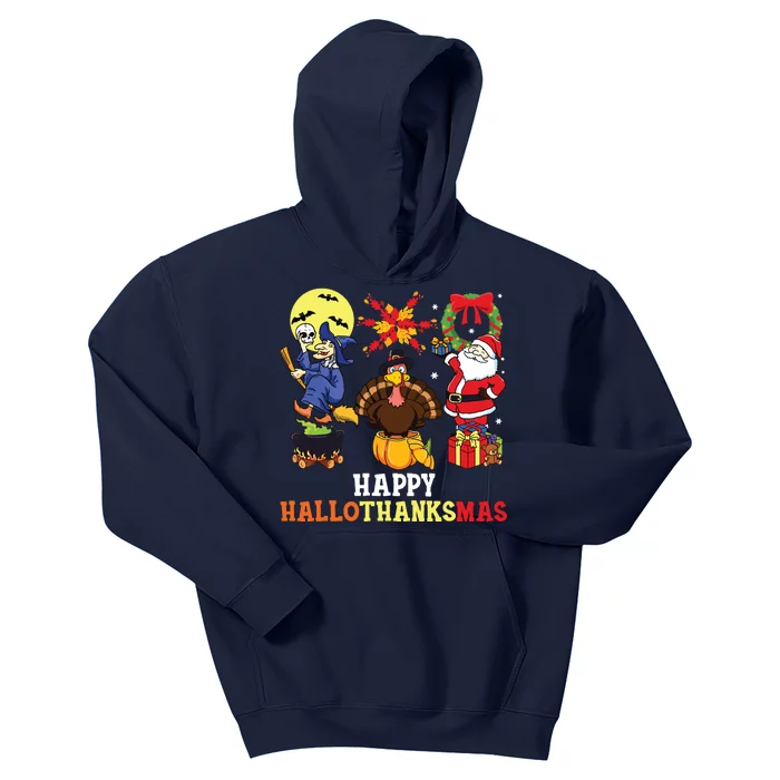 Happy Hallothanksmas Halloween Thanksgiving Christmas Kids Hoodie