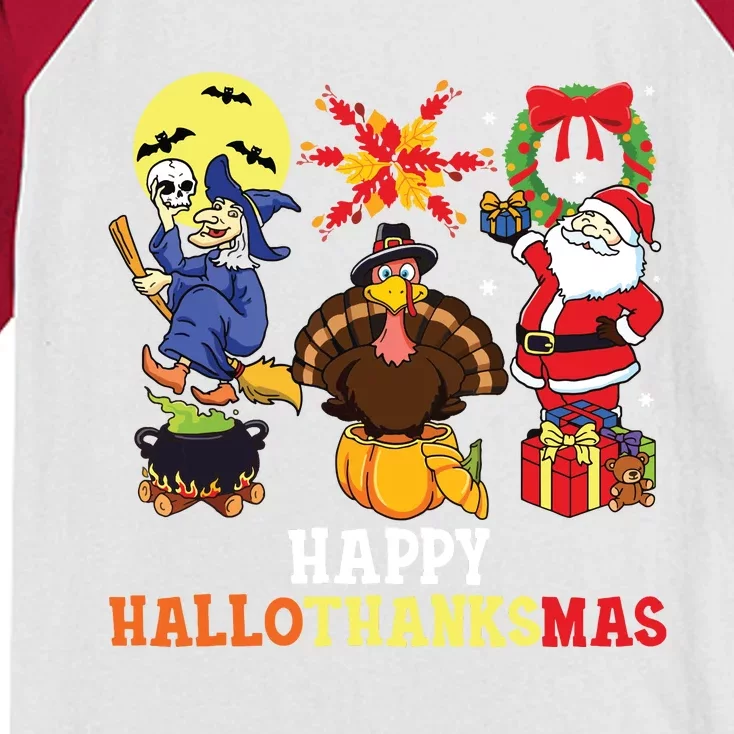 Happy Hallothanksmas Halloween Thanksgiving Christmas Kids Colorblock Raglan Jersey