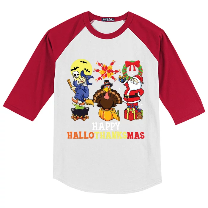 Happy Hallothanksmas Halloween Thanksgiving Christmas Kids Colorblock Raglan Jersey