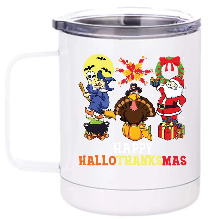 Happy Hallothanksmas Halloween Thanksgiving Christmas Front & Back 12oz Stainless Steel Tumbler Cup