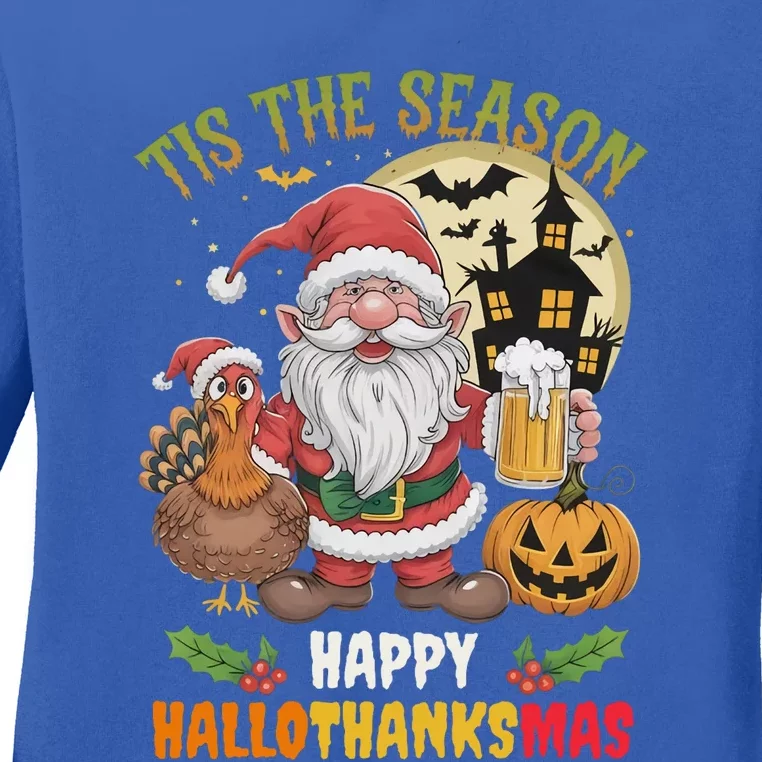 Happy Hallothanksmas Halloween Thanksgiving Merry Christmas Ladies Long Sleeve Shirt