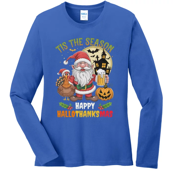 Happy Hallothanksmas Halloween Thanksgiving Merry Christmas Ladies Long Sleeve Shirt