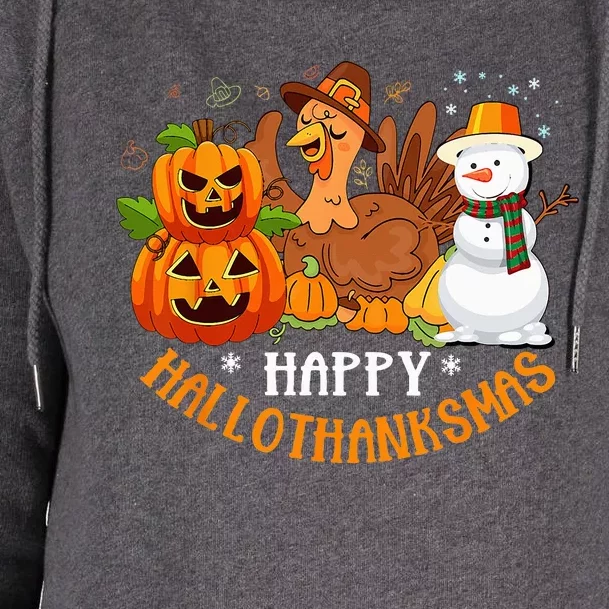 Happy Hallothanksmas Halloween Thanksgiving Christmas Day Womens Funnel Neck Pullover Hood