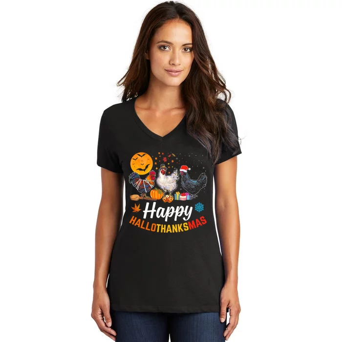 Happy HalloThanksMas Halloween Thanksgiving Xmas Chicken Women's V-Neck T-Shirt