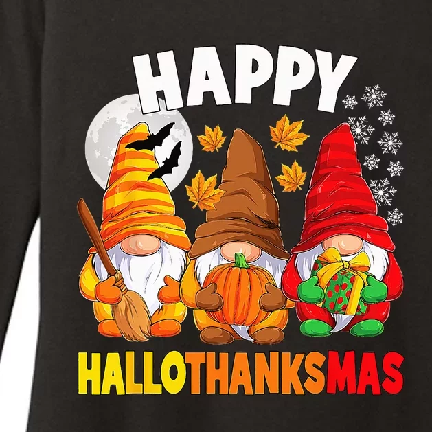 Happy HalloThanksMas Halloween Thanksgiving Christmas Gnomes Womens CVC Long Sleeve Shirt