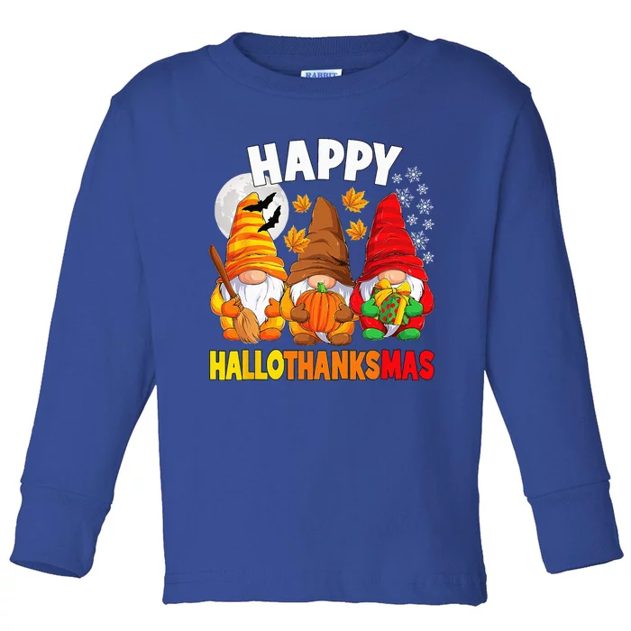 Happy HalloThanksMas Halloween Thanksgiving Christmas Gnomes Toddler Long Sleeve Shirt