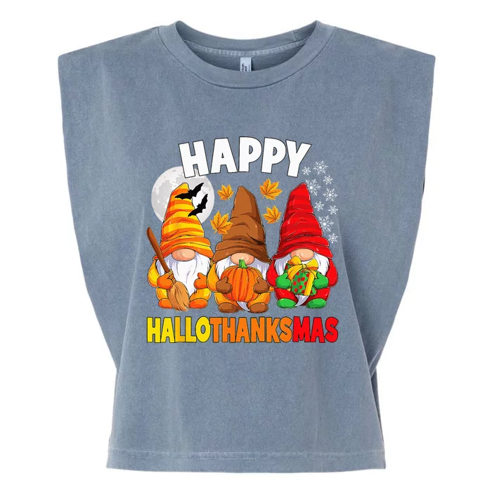 Happy HalloThanksMas Halloween Thanksgiving Christmas Gnomes Garment-Dyed Women's Muscle Tee