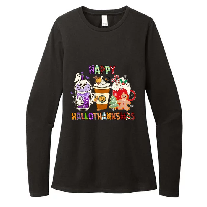 Happy Hallothanksmas Halloween Thanksgiving Christmas Design Womens CVC Long Sleeve Shirt