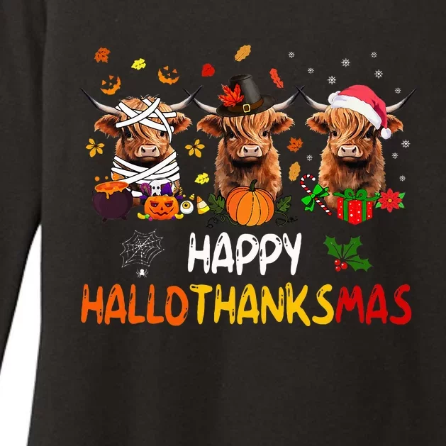 Happy Hallothanksmas Highland Cow Print Halloween Christmas Womens CVC Long Sleeve Shirt