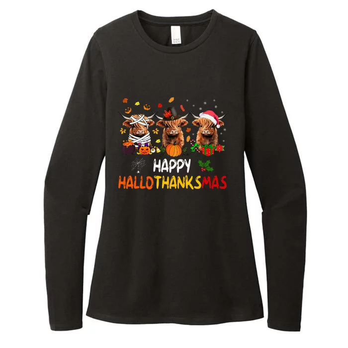 Happy Hallothanksmas Highland Cow Print Halloween Christmas Womens CVC Long Sleeve Shirt