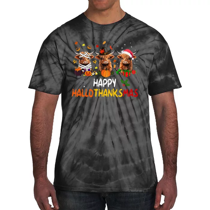 Happy Hallothanksmas Highland Cow Print Halloween Christmas Tie-Dye T-Shirt