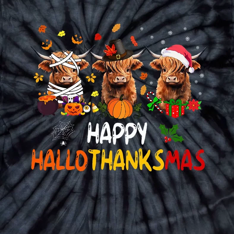 Happy Hallothanksmas Highland Cow Print Halloween Christmas Tie-Dye T-Shirt