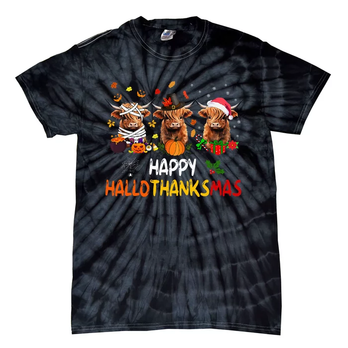 Happy Hallothanksmas Highland Cow Print Halloween Christmas Tie-Dye T-Shirt