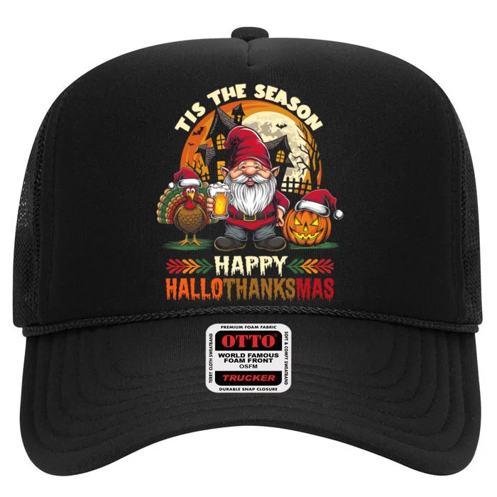 Happy Hallothanksmas Halloween Thanksgiving Merry Christmas High Crown Mesh Trucker Hat