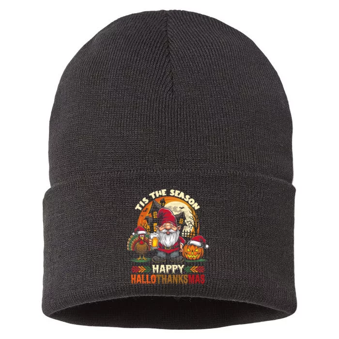 Happy Hallothanksmas Halloween Thanksgiving Merry Christmas Sustainable Knit Beanie