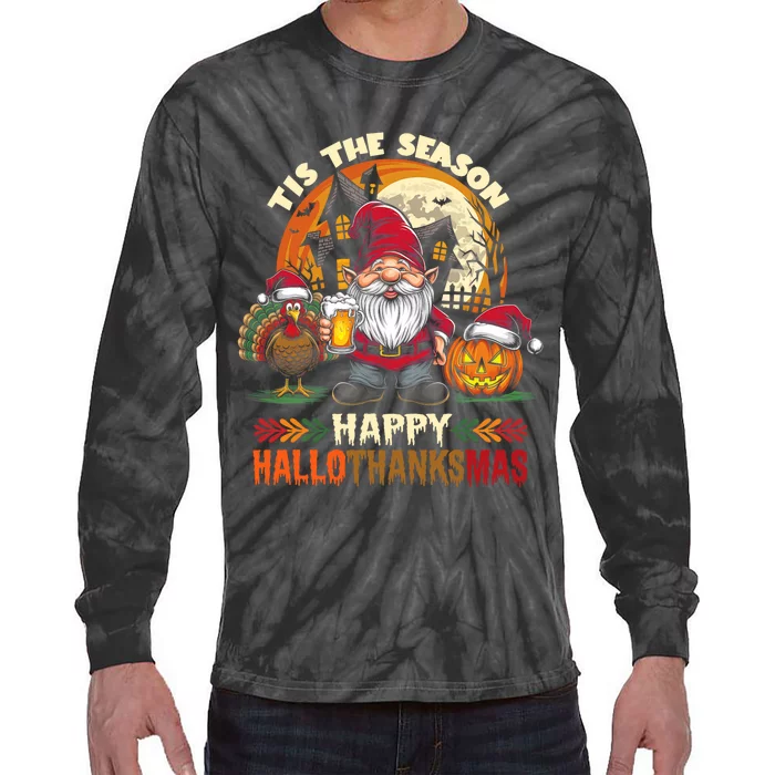 Happy Hallothanksmas Halloween Thanksgiving Merry Christmas Tie-Dye Long Sleeve Shirt