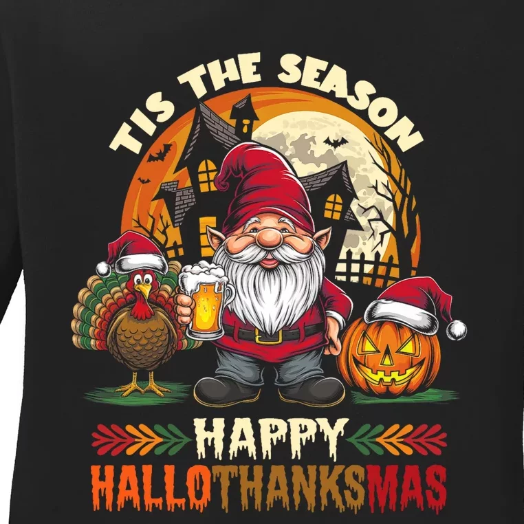 Happy Hallothanksmas Halloween Thanksgiving Merry Christmas Ladies Long Sleeve Shirt