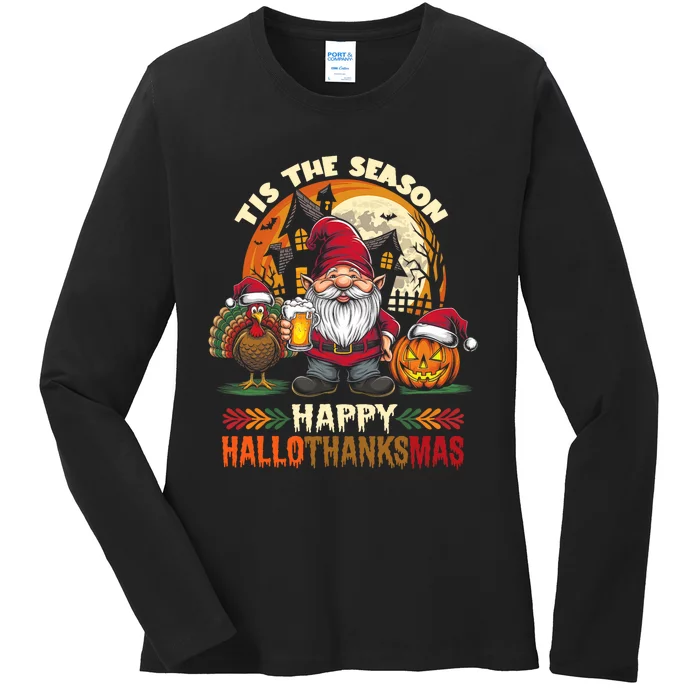 Happy Hallothanksmas Halloween Thanksgiving Merry Christmas Ladies Long Sleeve Shirt