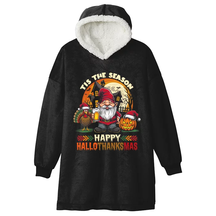 Happy Hallothanksmas Halloween Thanksgiving Merry Christmas Hooded Wearable Blanket