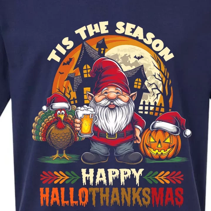 Happy Hallothanksmas Halloween Thanksgiving Merry Christmas Sueded Cloud Jersey T-Shirt